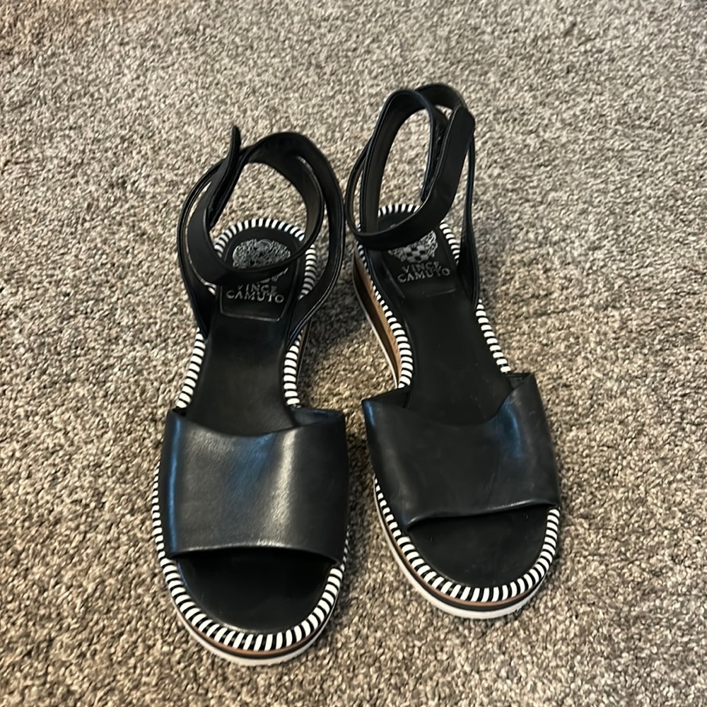Vince Camuto Marina Black Leather white striped trim.